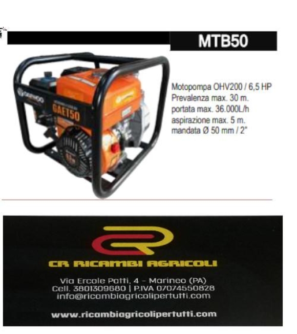 Immagine 0 di Motopompa OHV200 / 6,5 HP Prevalenza max. 30 m. portata max. 36.000L/h aspirazione max. 5 m. mandata Ø 50 mm / 2”