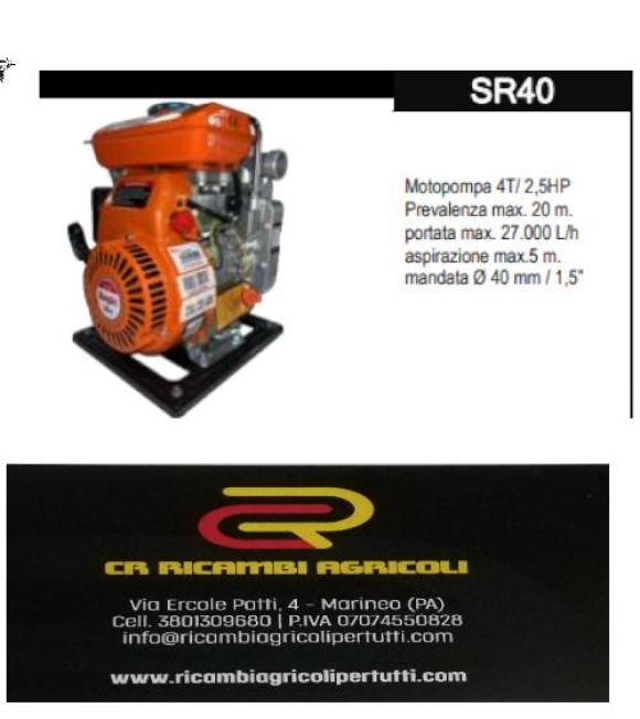 Immagine 0 di Motopompa 4T/ 2,5HP Prevalenza max. 20 m. portata max. 27.000 L/h aspirazione max.5 m. mandata Ø 40 mm / 1,5”